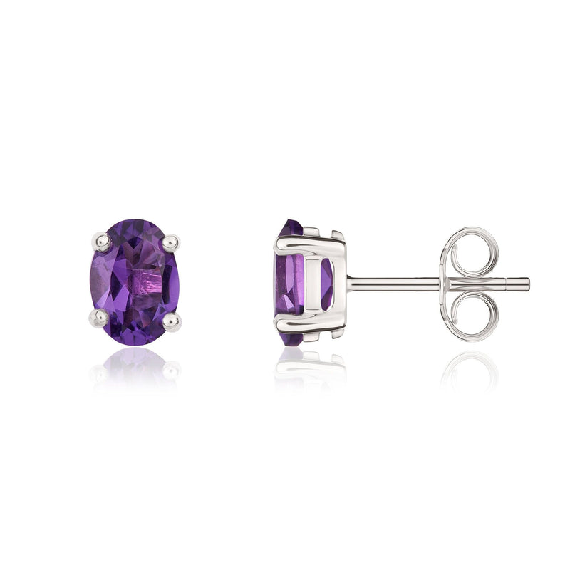 9ct White Gold Oval Natural Amethyst Claw Stud Earrings — 7x5mm