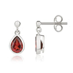 9ct White Gold Pear Shaped Natural Garnet Rubover Drop Earrings — 7x5mm