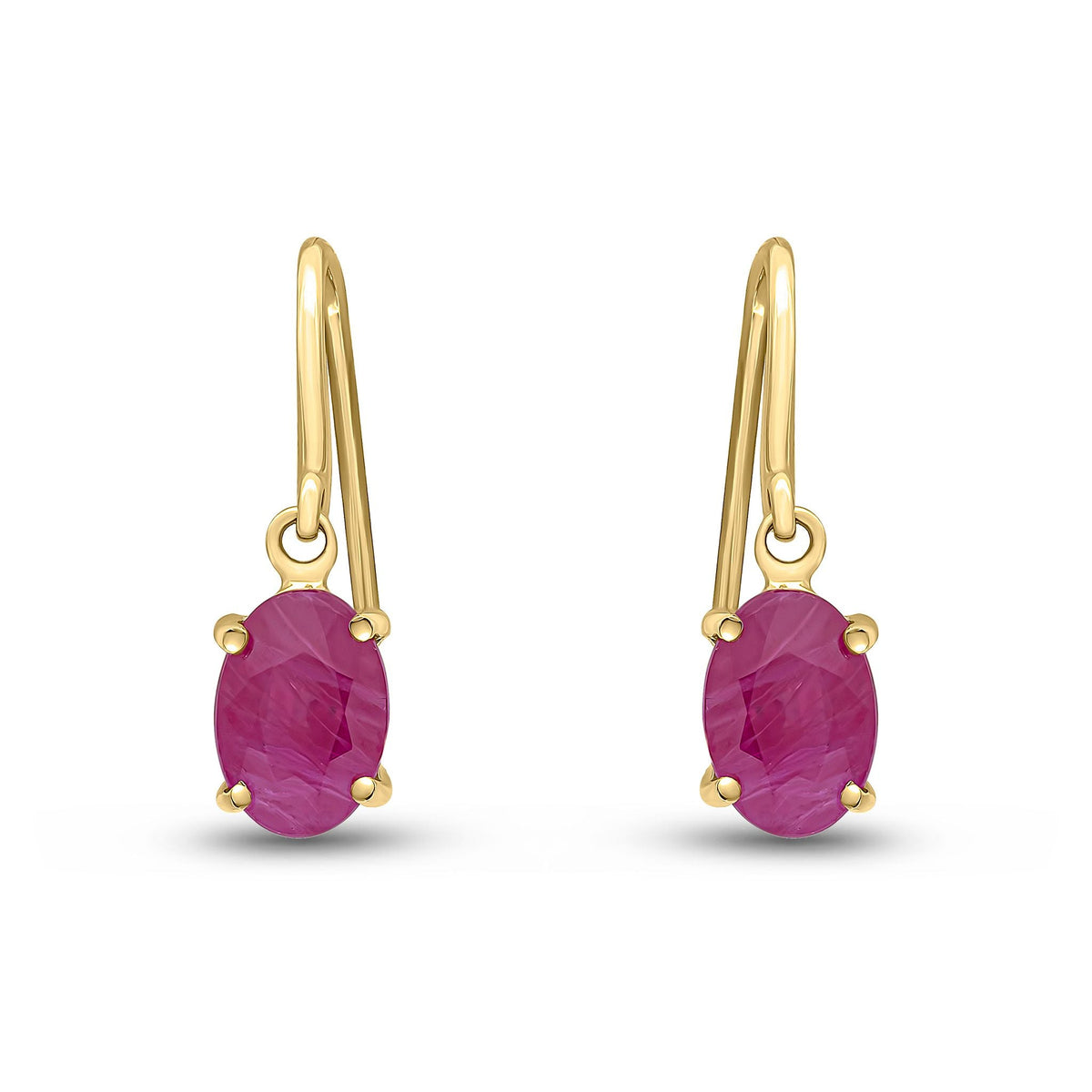 9ct Yellow Gold Oval Natural Ruby Claw Hook Wire Drop Earrings — 7x5mm