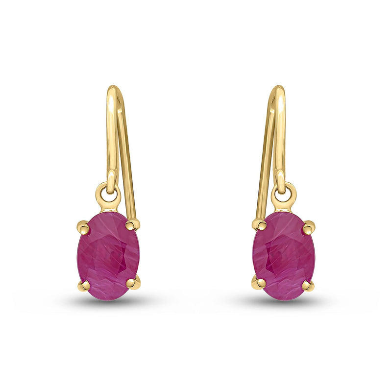 9ct Yellow Gold Oval Natural Ruby Claw Hook Wire Drop Earrings — 7x5mm