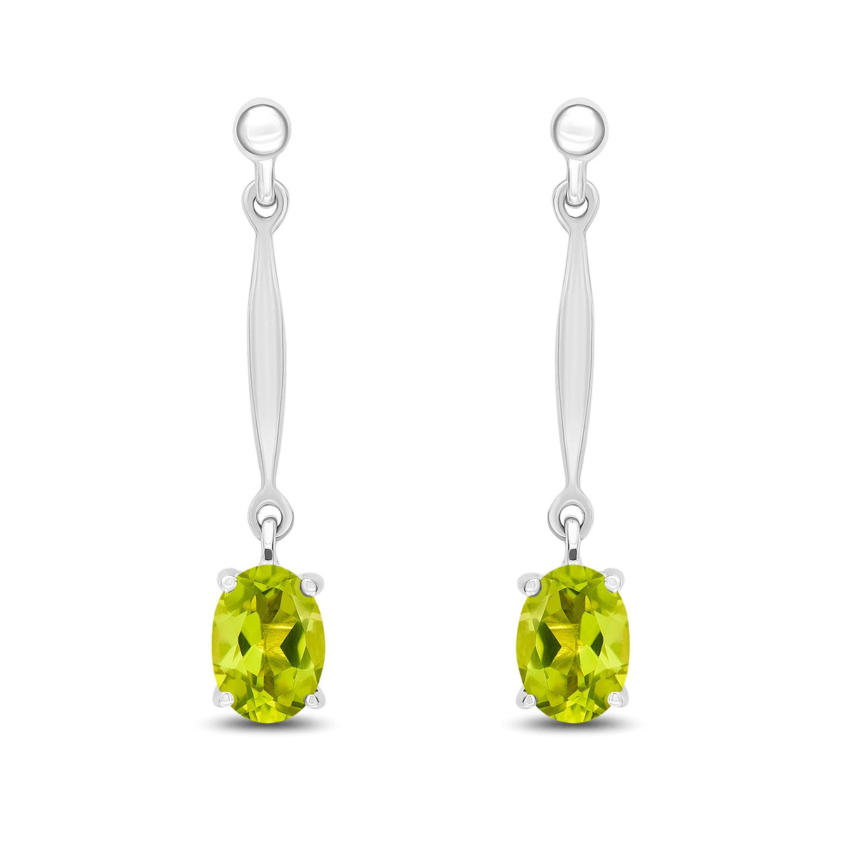 9ct White Gold Oval Natural Peridot Claw Bar Drop Earrings — 7x5mm