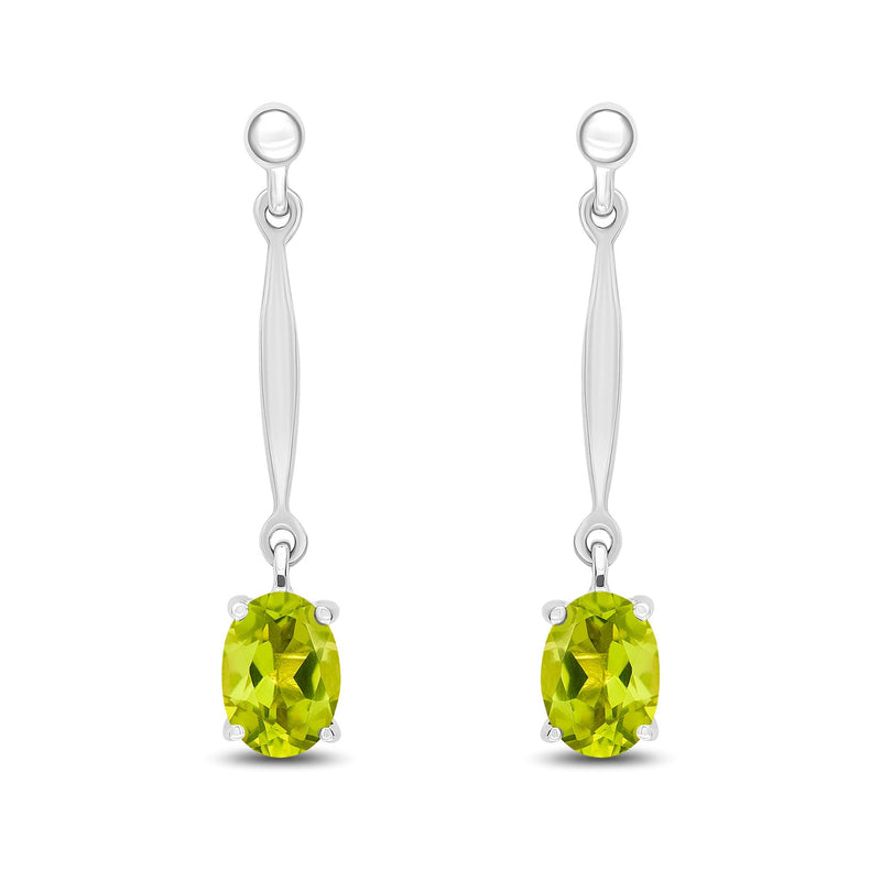 9ct White Gold Oval Natural Peridot Claw Bar Drop Earrings — 7x5mm