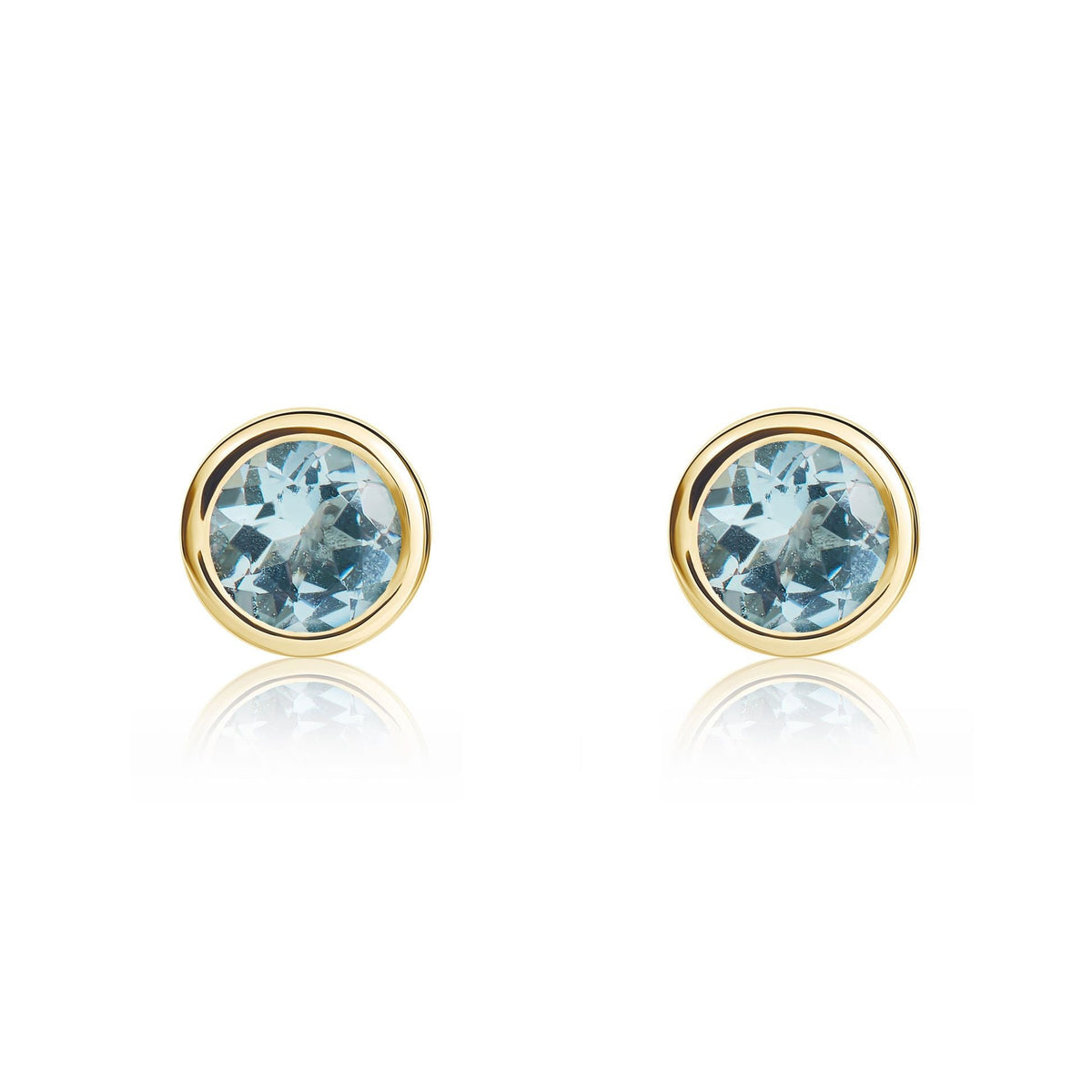 9ct Yellow Gold Round Natural Aquamarine Rubover Stud Earrings — 4mm
