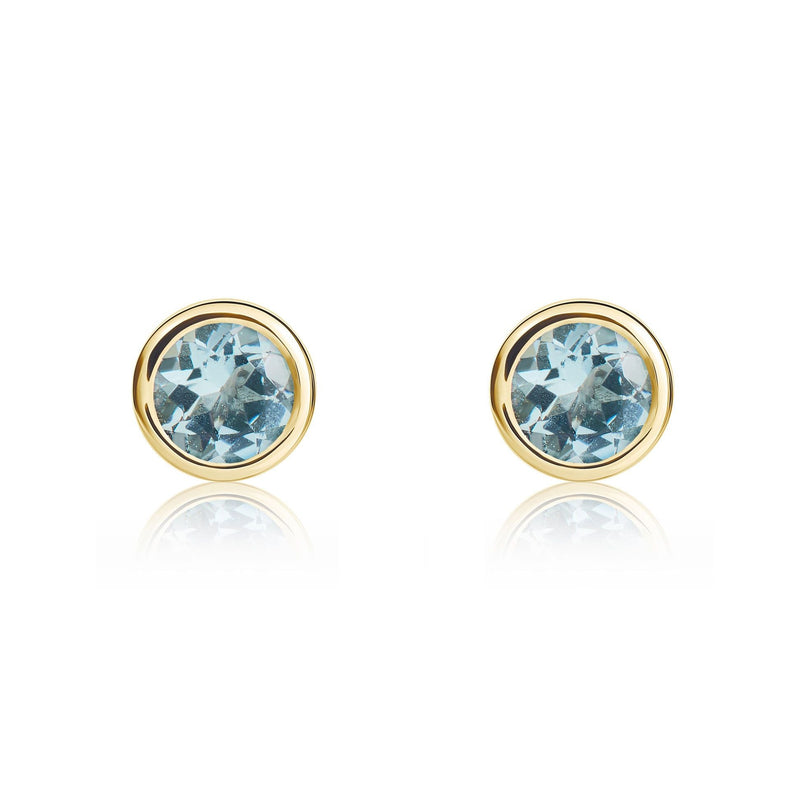 9ct Yellow Gold Round Natural Aquamarine Rubover Stud Earrings — 4mm