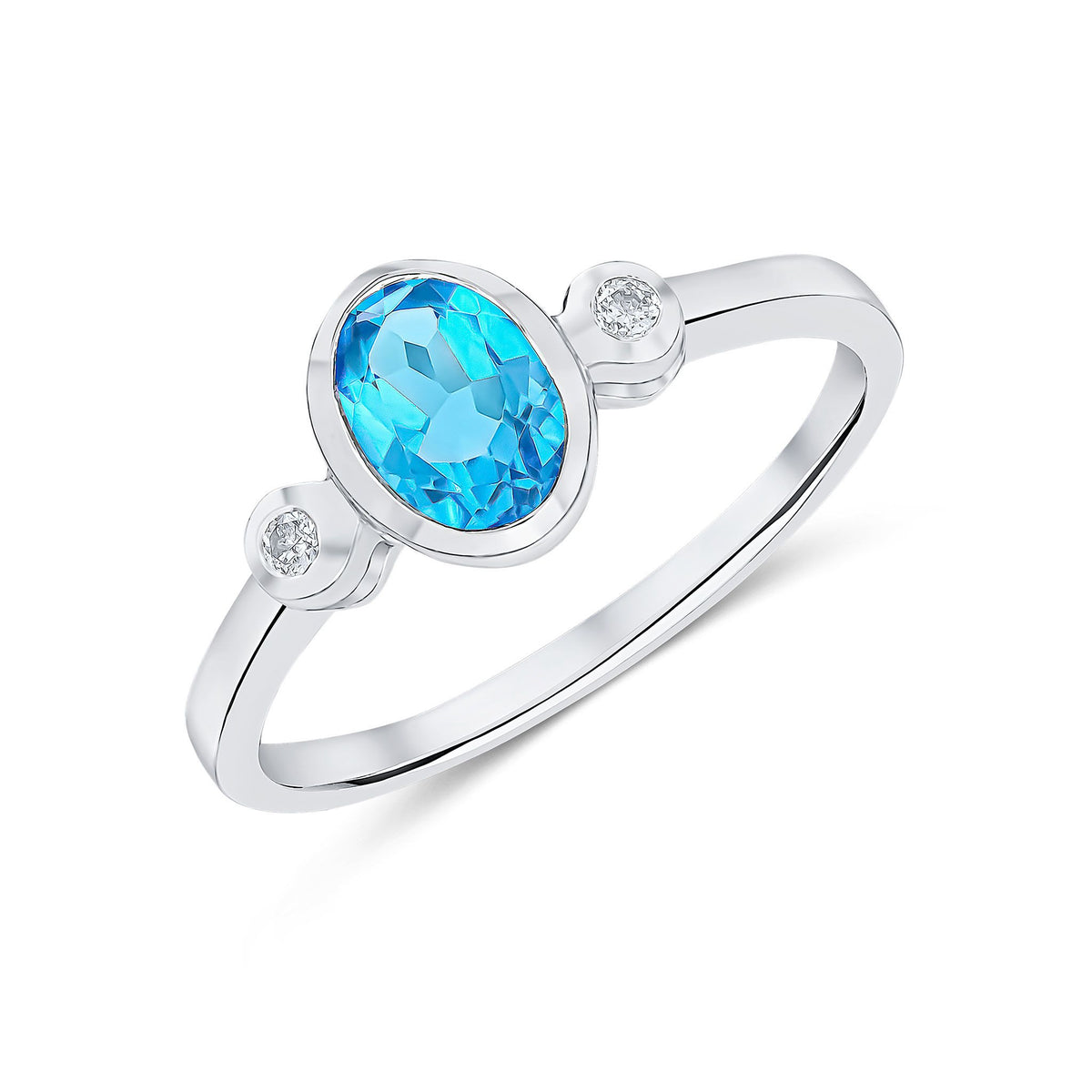 9ct White Gold Oval Natural Swiss Blue Topaz and Diamond Three Stone Rubover Ring