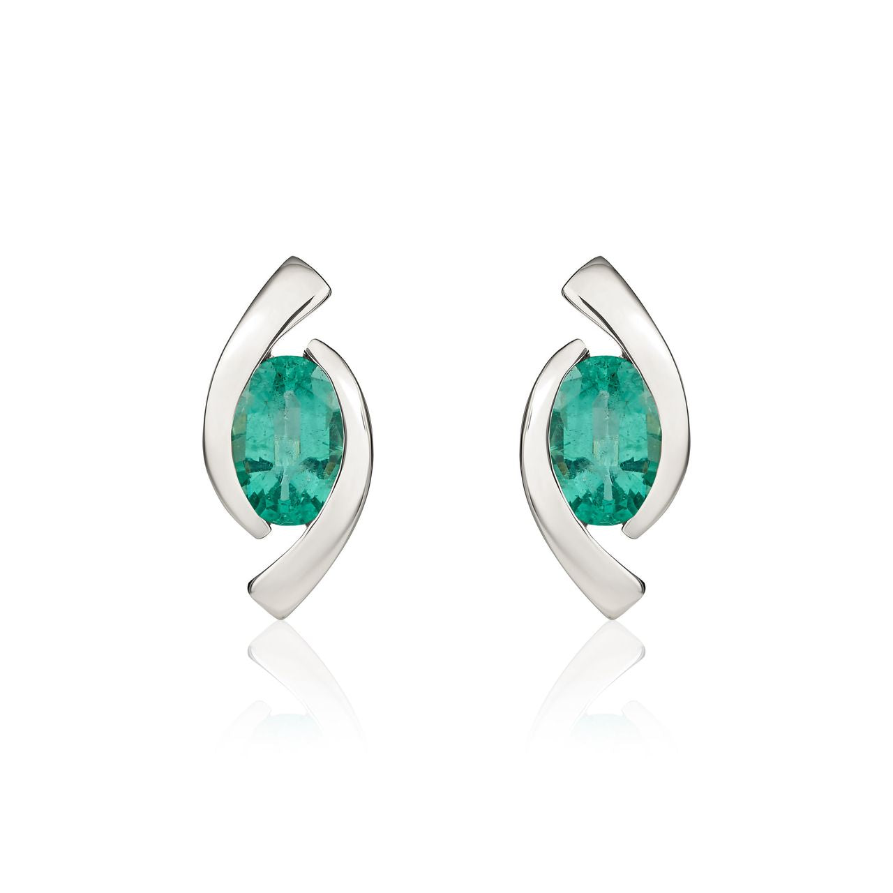 9ct White Gold Oval Natural Emerald 'Eye' Stud Earrings — 6x4mm