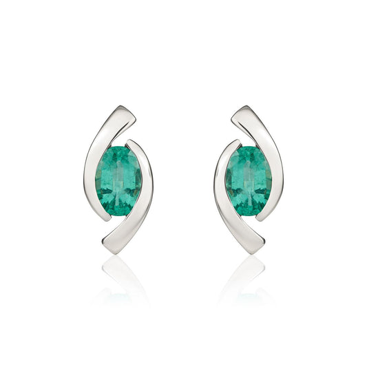 9ct White Gold Oval Natural Emerald 'Eye' Stud Earrings — 6x4mm