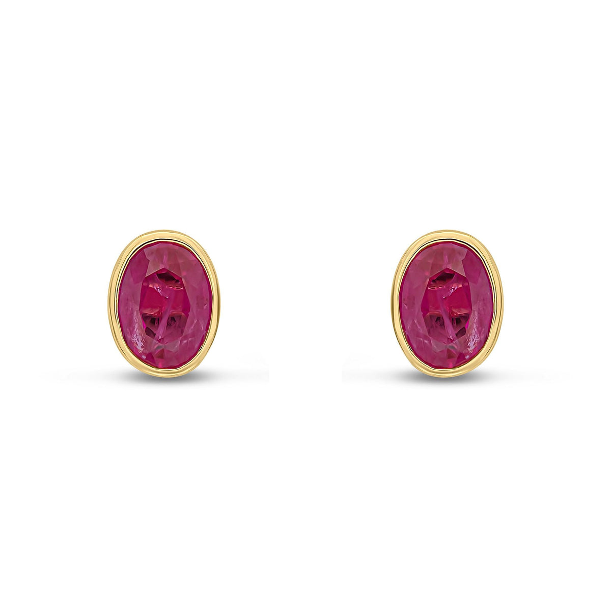 9ct Yellow Gold Oval Natural Ruby Rubover Stud Earrings — 7x5mm