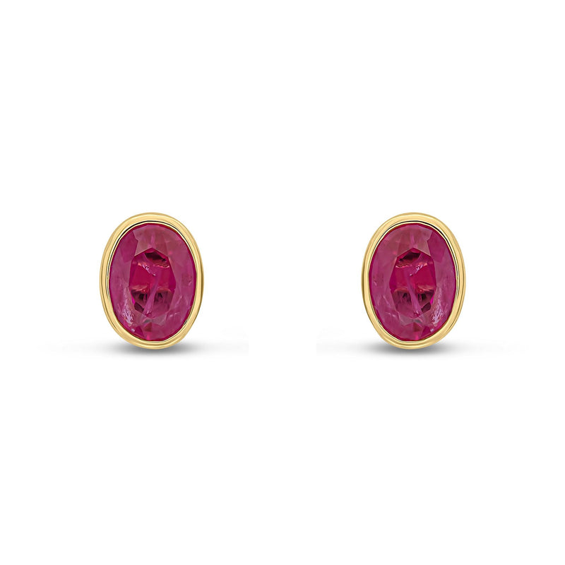 9ct Yellow Gold Oval Natural Ruby Rubover Stud Earrings — 7x5mm