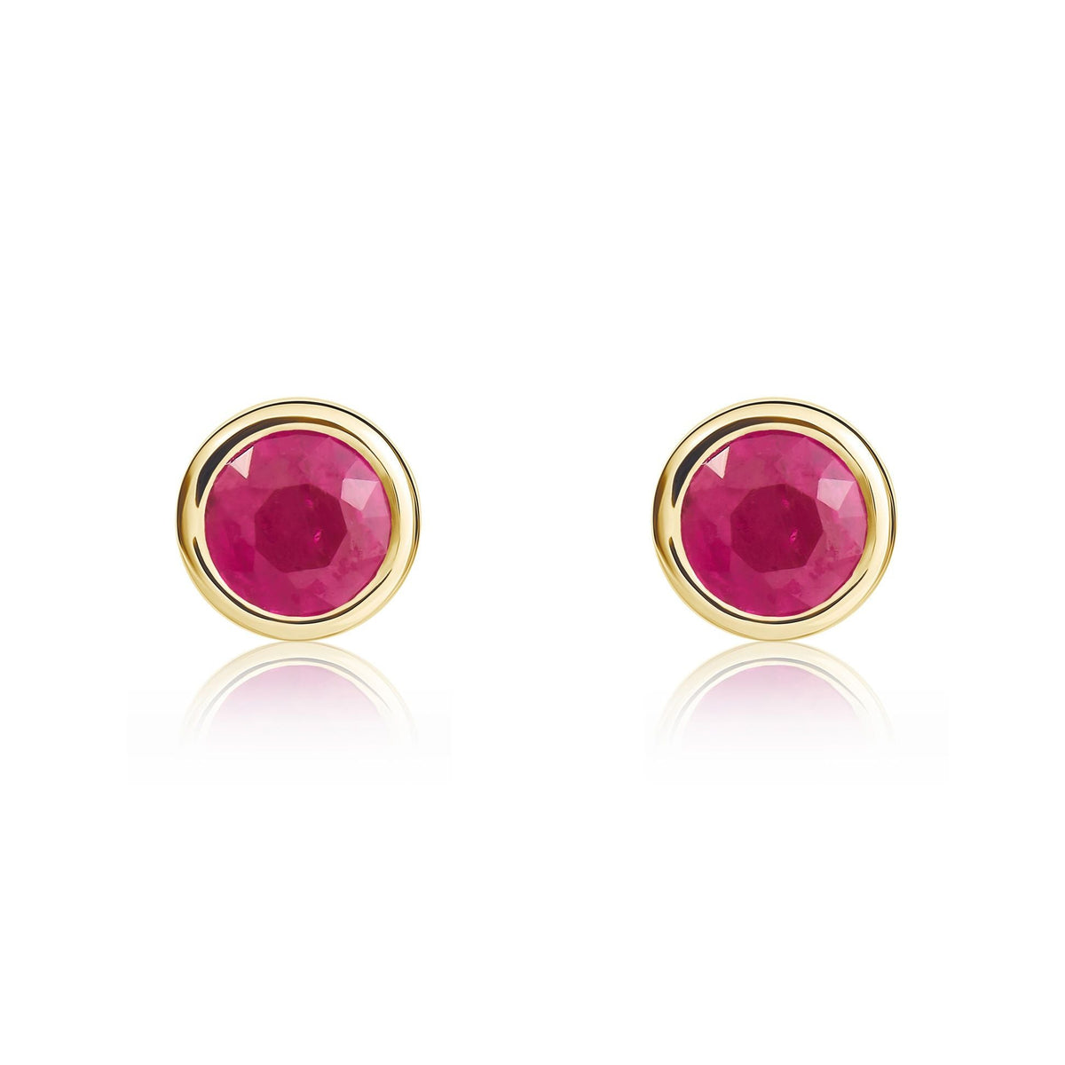 9ct Yellow Gold Round Natural Ruby Rubover Stud Earrings — 4mm