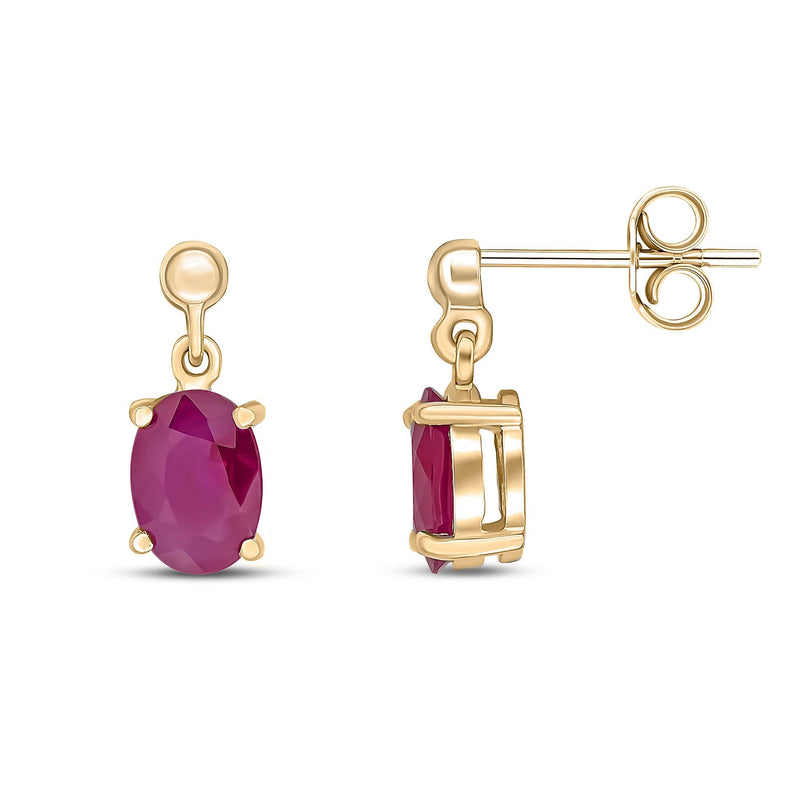 9ct Yellow Gold Oval Natural Ruby Claw Drop Earrings — 7x5mm