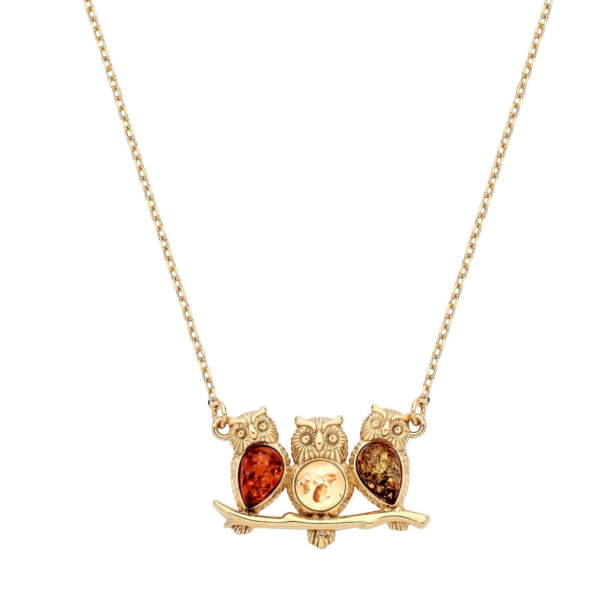 Gold Plated Sterling Silver Natural Baltic Amber Owl Necklace