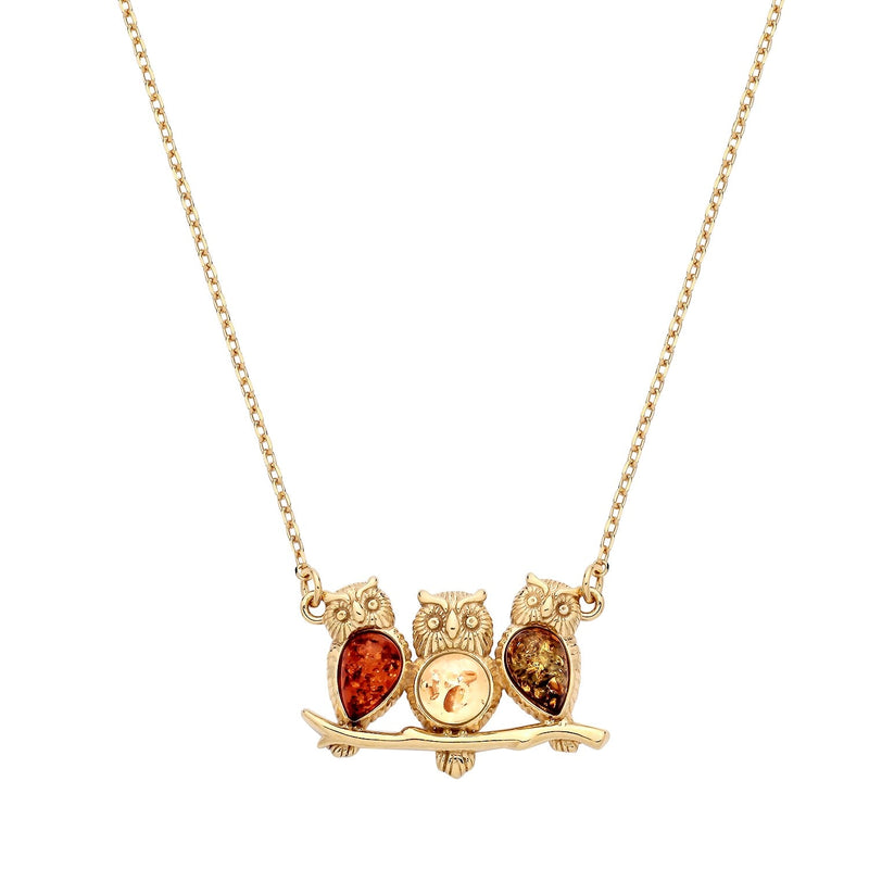 Gold Plated Sterling Silver Natural Baltic Amber Owl Necklace