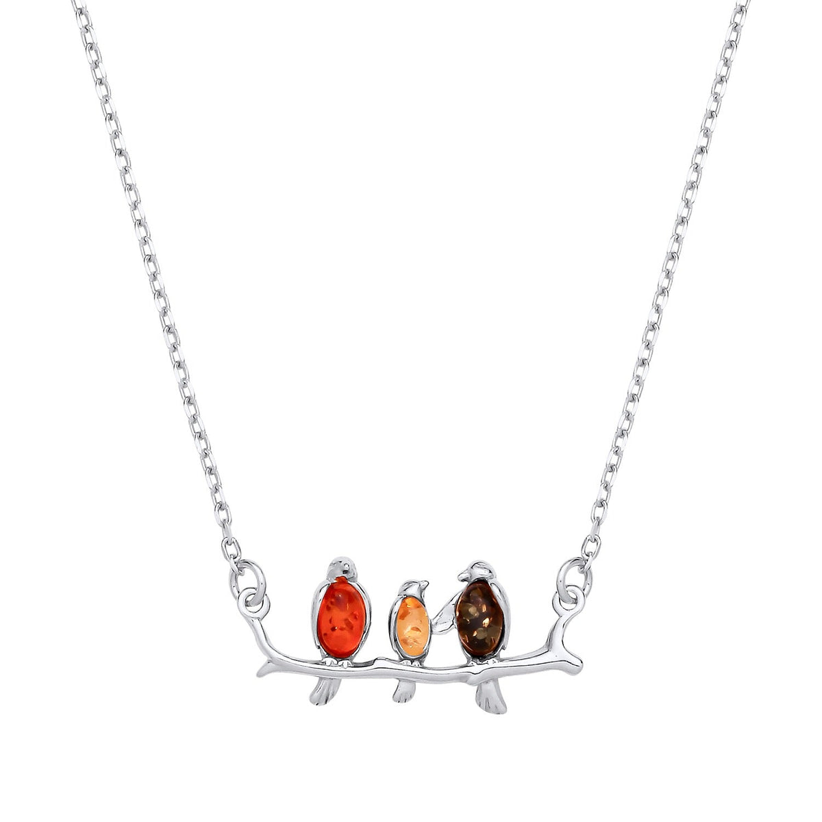 Sterling Silver Natural Baltic Amber Birds on a Branch Necklace