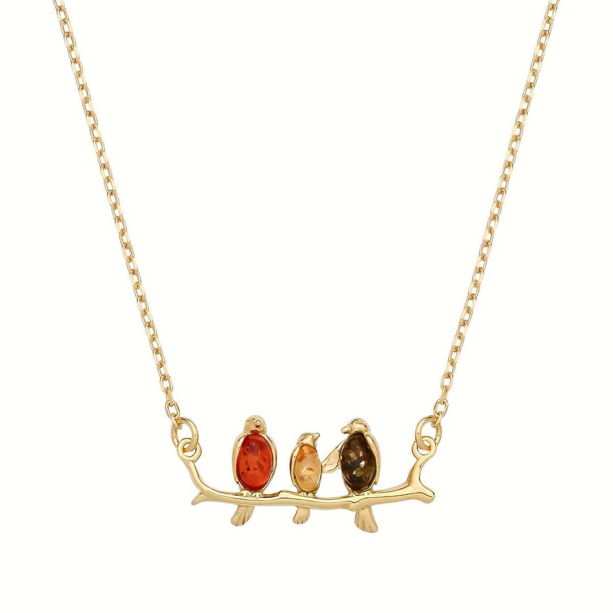 Gold Plated Sterling Silver Natural Baltic Amber Birds on a Branch Necklace