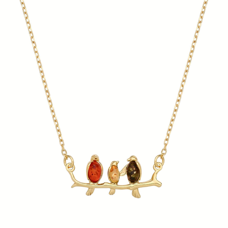 Gold Plated Sterling Silver Natural Baltic Amber Birds on a Branch Necklace