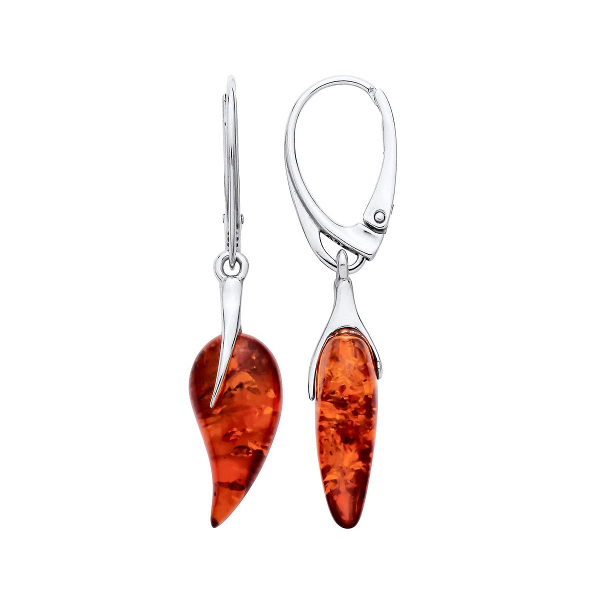 Sterling Silver Natural Baltic Amber Curved Leaf Drop Earrings