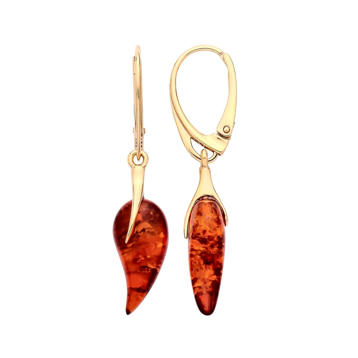 Gold Plated Sterling Silver Natural Baltic Amber Curved Leaf Drop Earrings