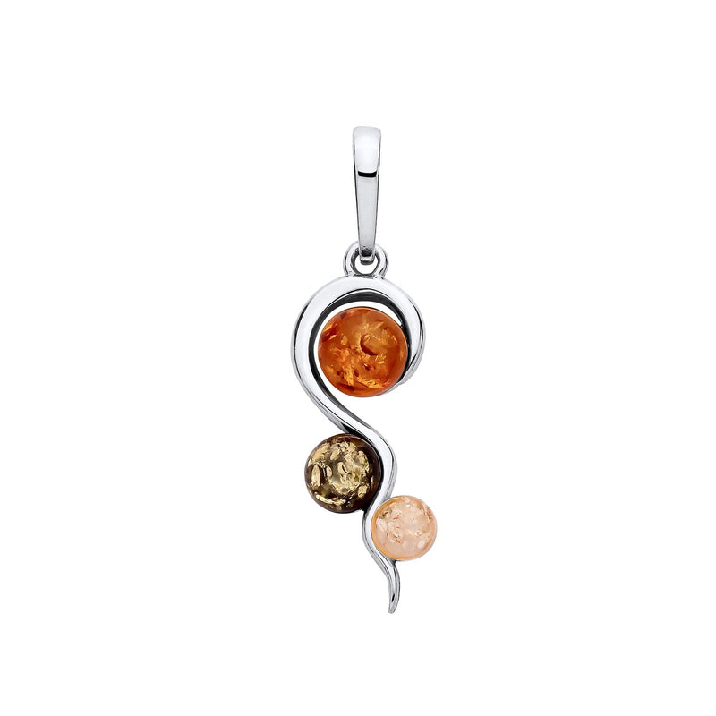 Sterling Silver Natural Baltic Amber Multi Stone Swirl Drop Pendant