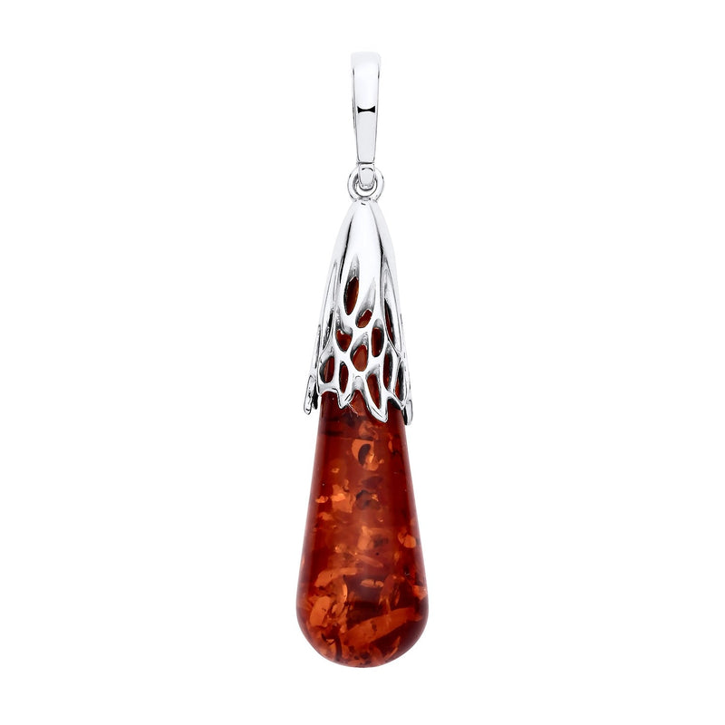Sterling Silver Natural Baltic Amber Filigree Teardrop Pendant