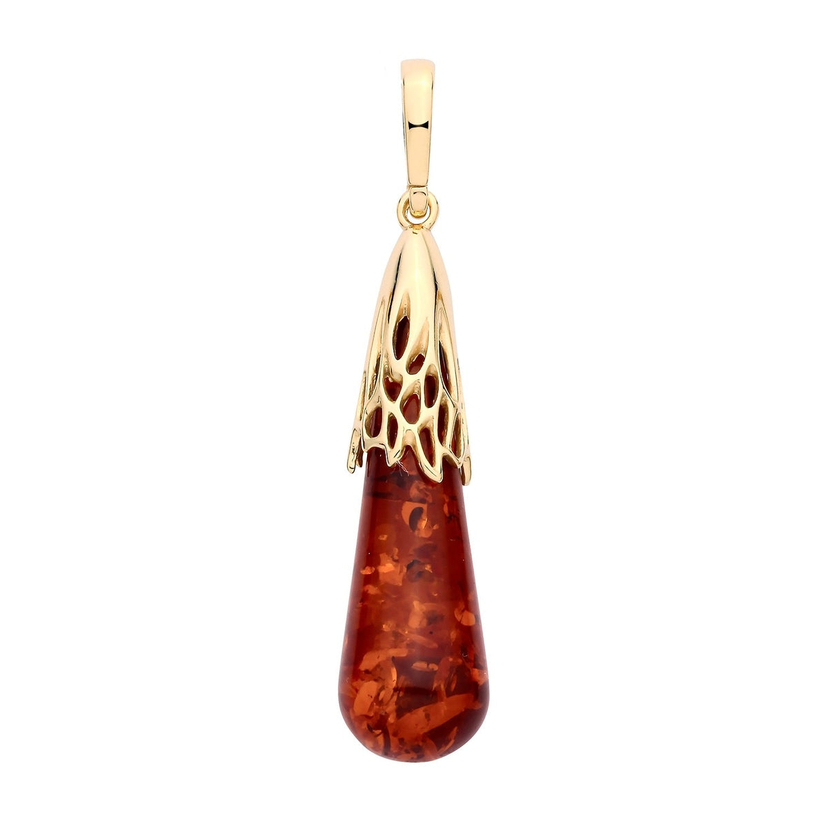 Gold Plated Sterling Silver Natural Baltic Amber Filigree Teardrop Pendant