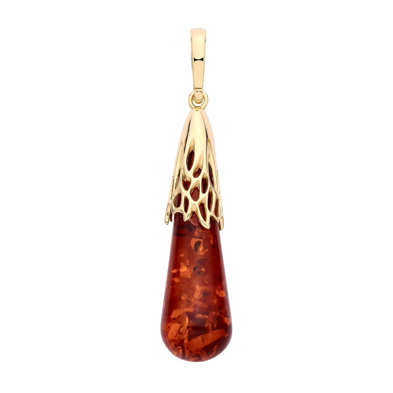 Gold Plated Sterling Silver Natural Baltic Amber Filigree Teardrop Pendant
