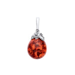 Sterling Silver Natural Baltic Amber Floral Cap Round Drop Pendant