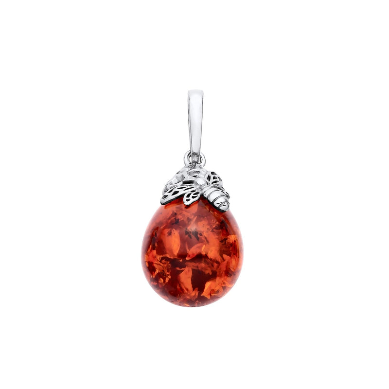 Sterling Silver Natural Baltic Amber Floral Cap Round Drop Pendant
