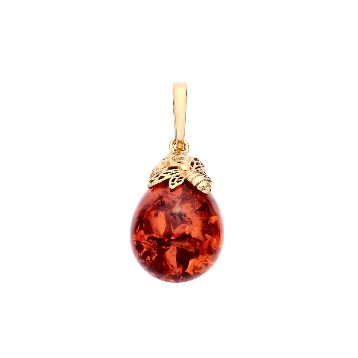 Gold Plated Sterling Silver Natural Baltic Amber Floral Cap Round Drop Pendant