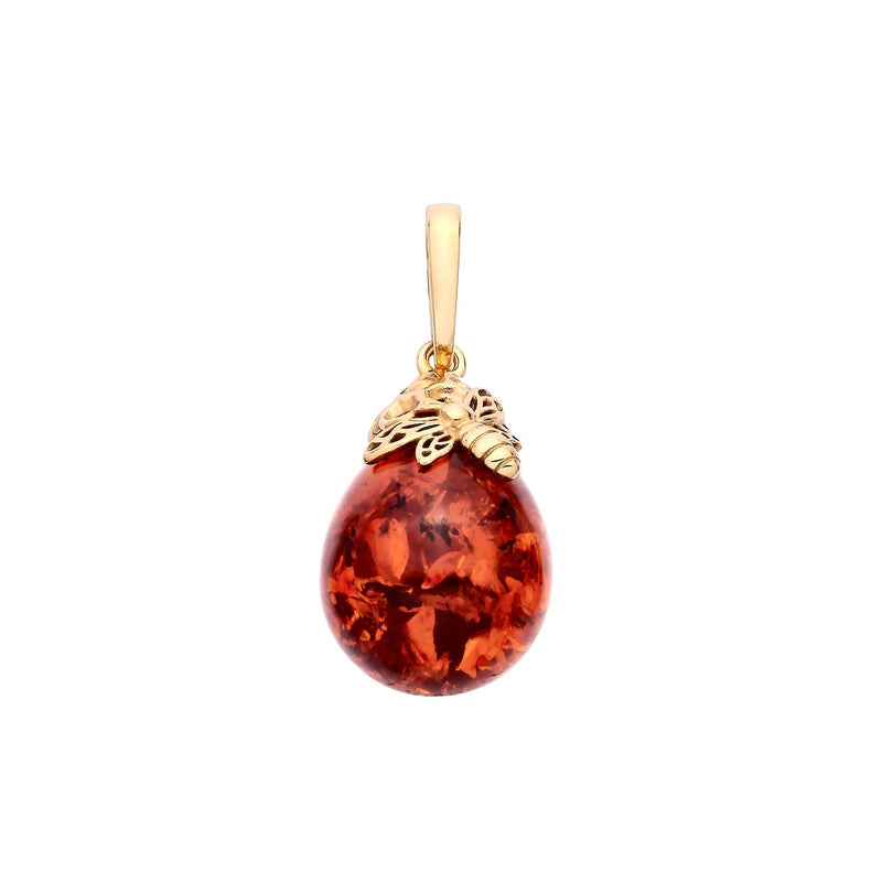 Gold Plated Sterling Silver Natural Baltic Amber Floral Cap Round Drop Pendant