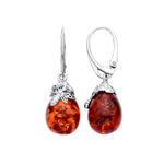 Sterling Silver Natural Baltic Amber Bee Cap Round Drop Earrings