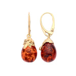 Gold Plated Sterling Silver Natural Baltic Amber Bee Cap Round Drop Earrings