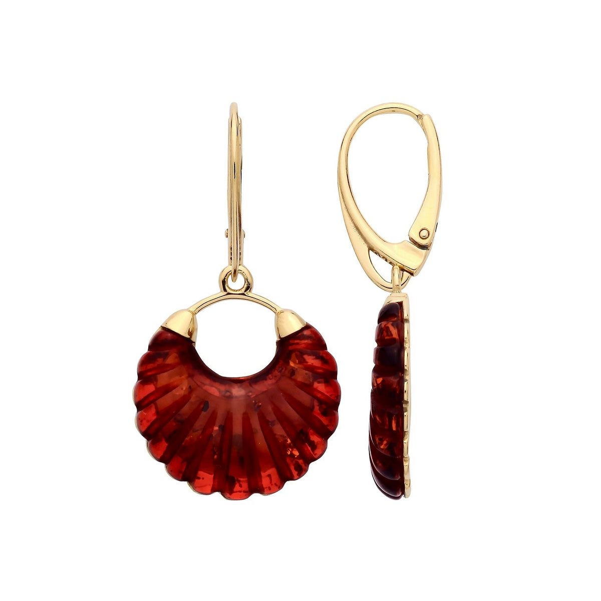 Gold Plated Sterling Silver Natural Baltic Amber Carved Shell Earrings
