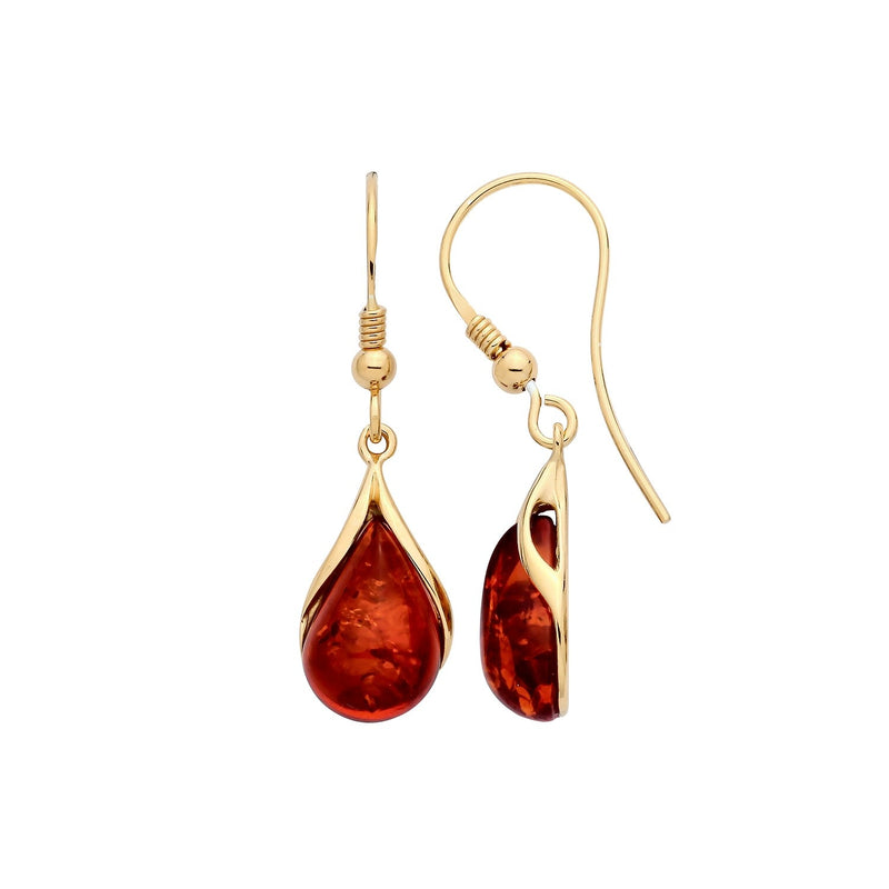 Gold Plated Sterling Silver Natural Baltic Amber Teardrop Earrings