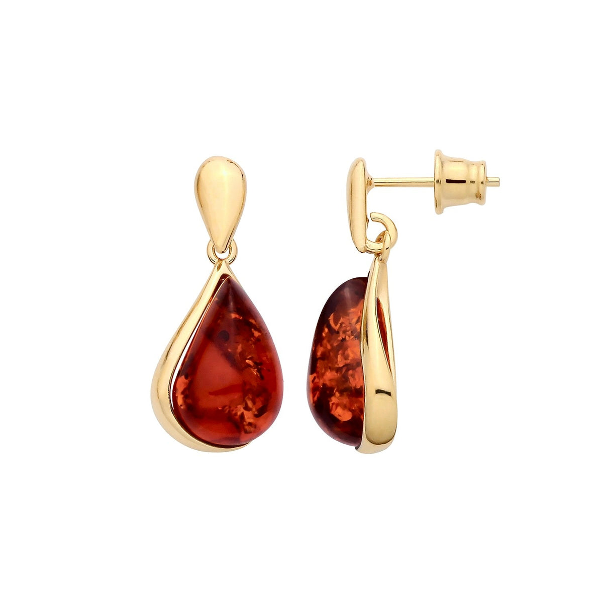 Gold Plated Sterling Silver Natural Baltic Amber Teardrop Frame Earrings