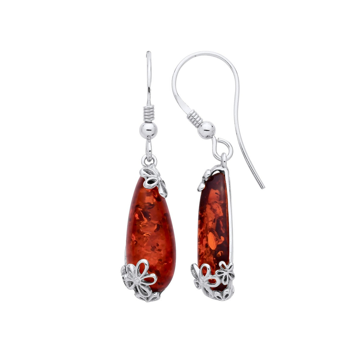 Sterling Silver Natural Baltic Amber Floral Drop Earrings