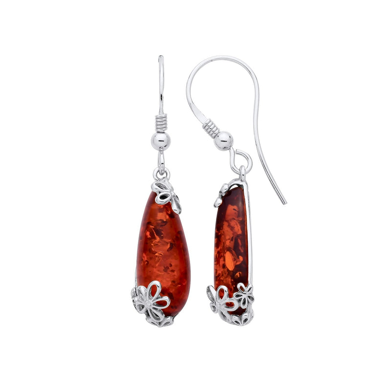 Sterling Silver Natural Baltic Amber Floral Drop Earrings