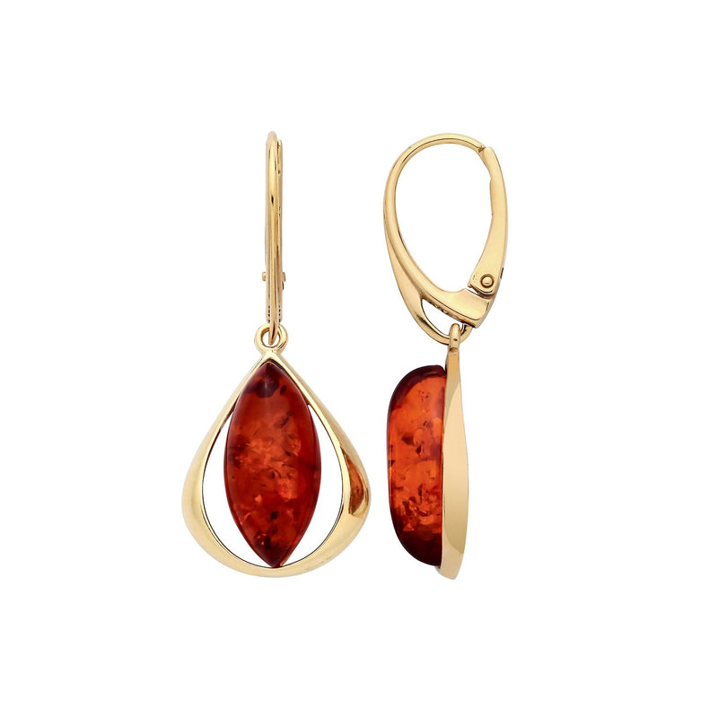 Gold Plated Sterling Silver Natural Baltic Amber Marquise Orbital Earrings