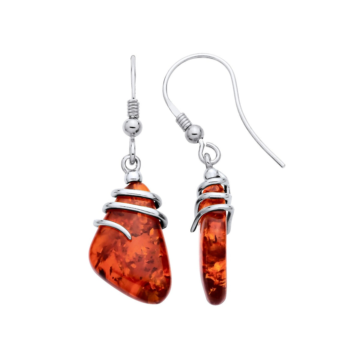 Sterling Silver Natural Baltic Amber Abstract Wave Drop Earrings