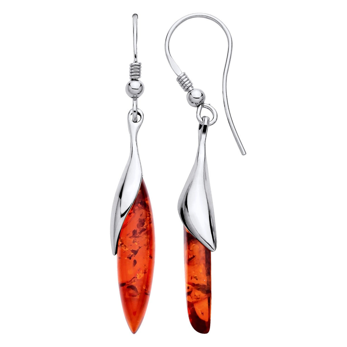 Sterling Silver Natural Baltic Amber Elongated Marquise Sweep Drop Earrings