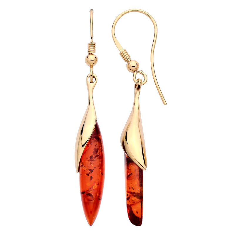 Gold Plated Sterling Silver Natural Baltic Amber Elongated Marquise Sweep Drop Earrings