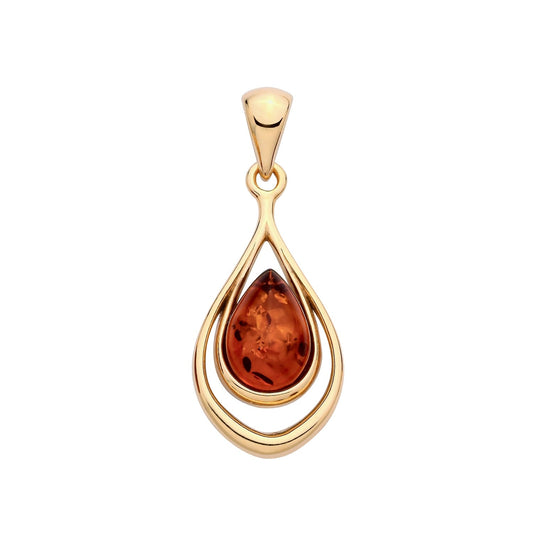 Gold Plated Sterling Silver Natural Baltic Amber Layered Teardrop Pendant