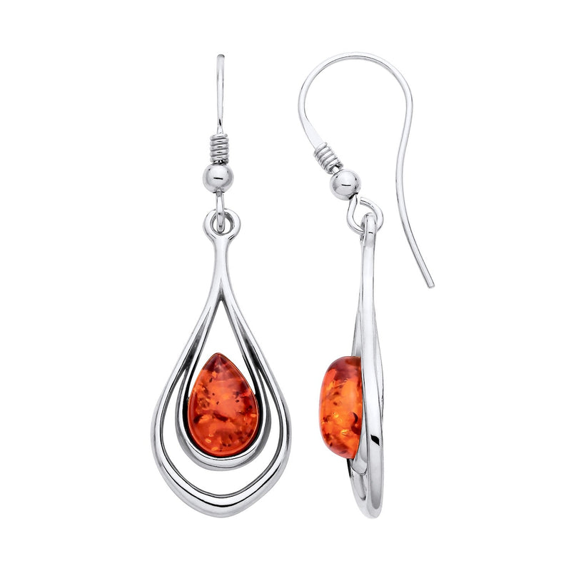 Sterling Silver Natural Baltic Amber Layered Teardrop Drop Earrings