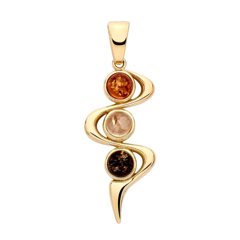 Gold Plated Sterling Silver Natural Baltic Amber Three-Stone Swirl Pendant