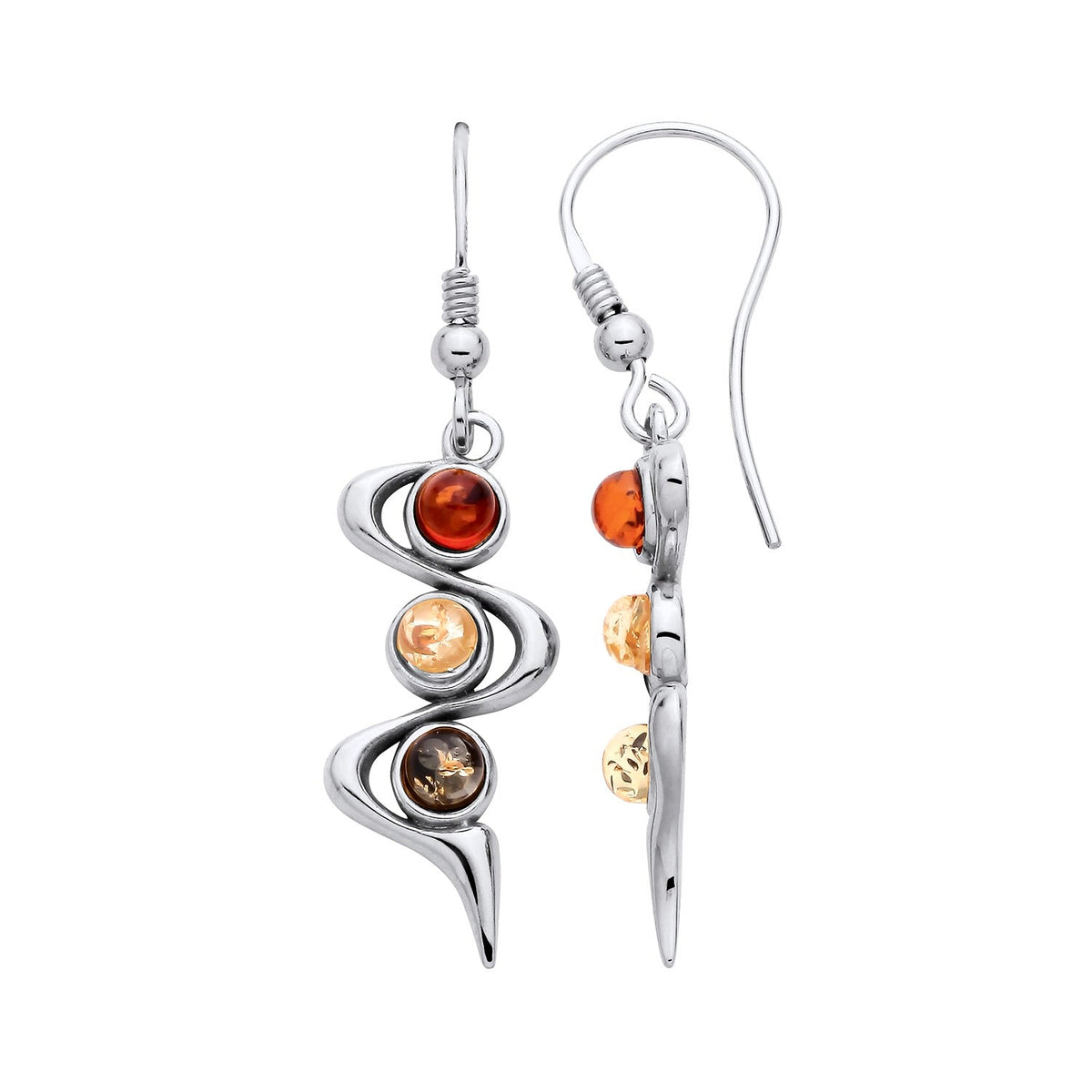 Sterling Silver Natural Baltic Amber Three-Stone Swirl Drop Earrings