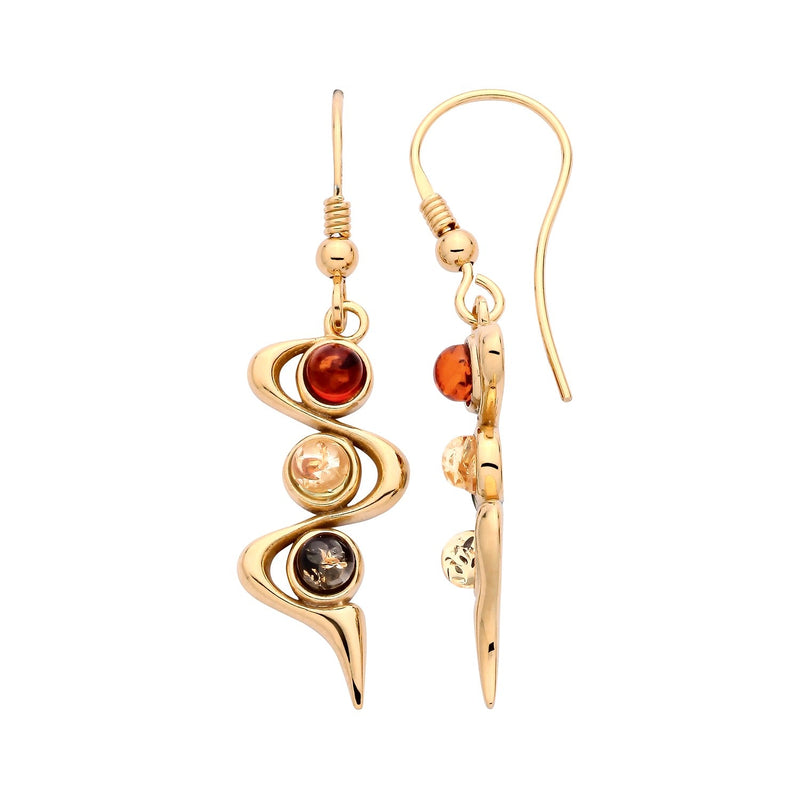 Gold Plated Sterling Silver Natural Baltic Amber Three-Stone Swirl Drop Earrings