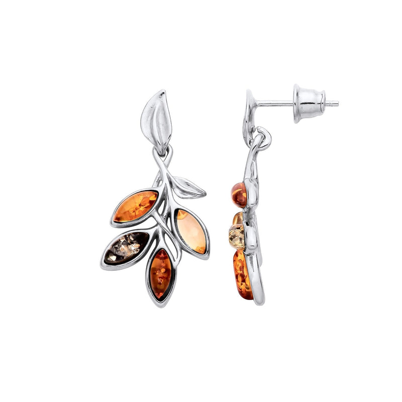 Sterling Silver Natural Baltic Amber Leaf Cluster Drop Earrings