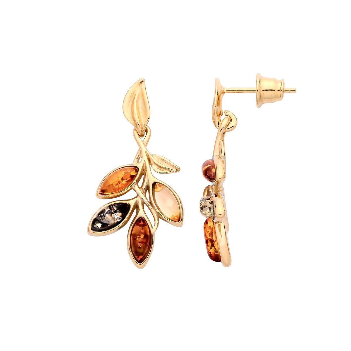 Gold Plated Sterling Silver Natural Baltic Amber Leaf Cluster Drop Earrings