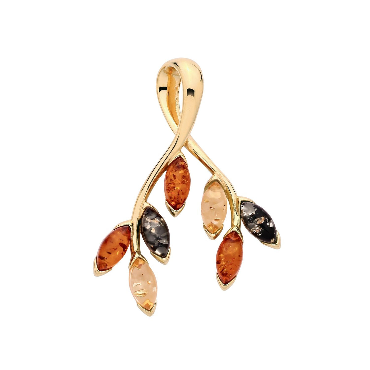 Gold Plated Sterling Silver Natural Baltic Amber Five-Leaf Branch Pendant