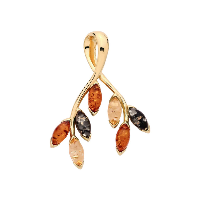 Gold Plated Sterling Silver Natural Baltic Amber Five-Leaf Branch Pendant